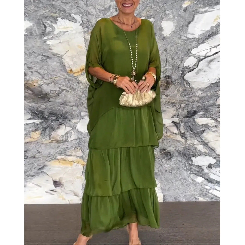 Sarah Express Women's Batwing Sleeve Midi Dress Crew Neck Chiffon Elegant