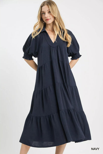 Sarah Express Women's Solid Tiered Midi Dress NAVY