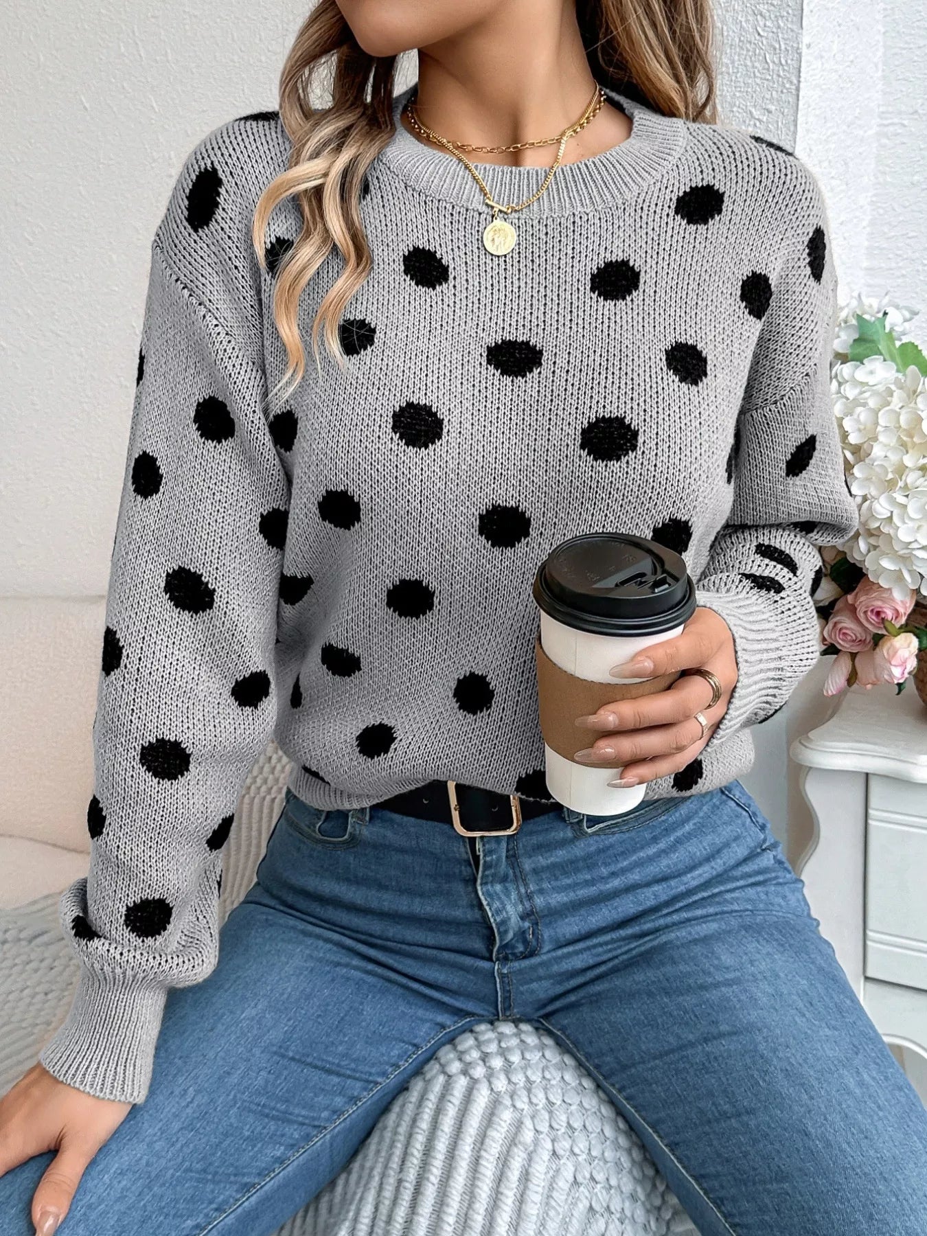 Sarah Express Women's Polka Dot Round Neck Sweater