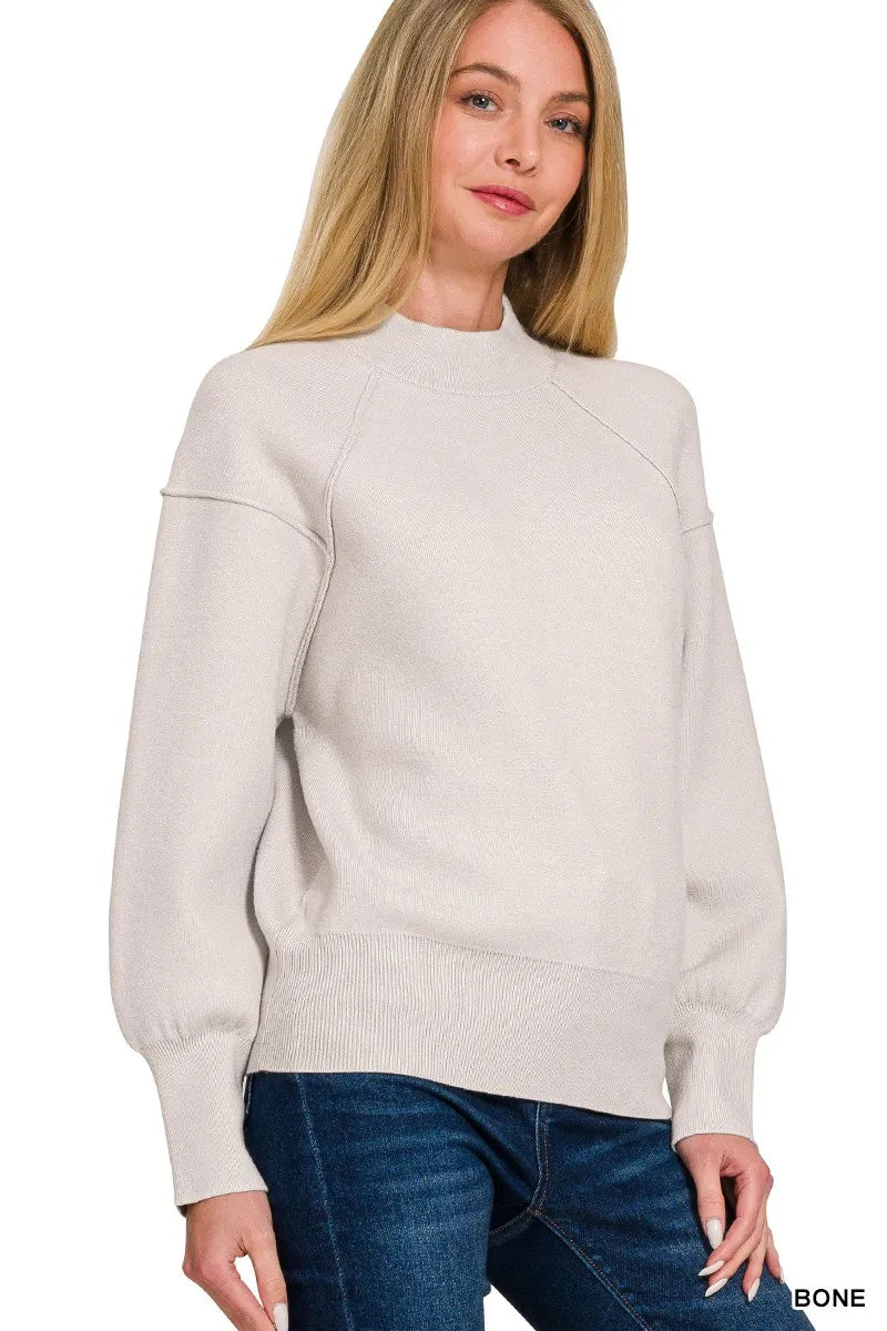 Sarah Express Women's Viscose Mock Neck Exposed Seam Sweater BONE