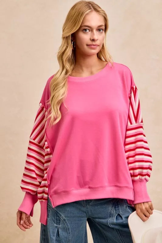 Sarah Express Women's French Terry Stripe Combo Sweatshirt with Open Seam
