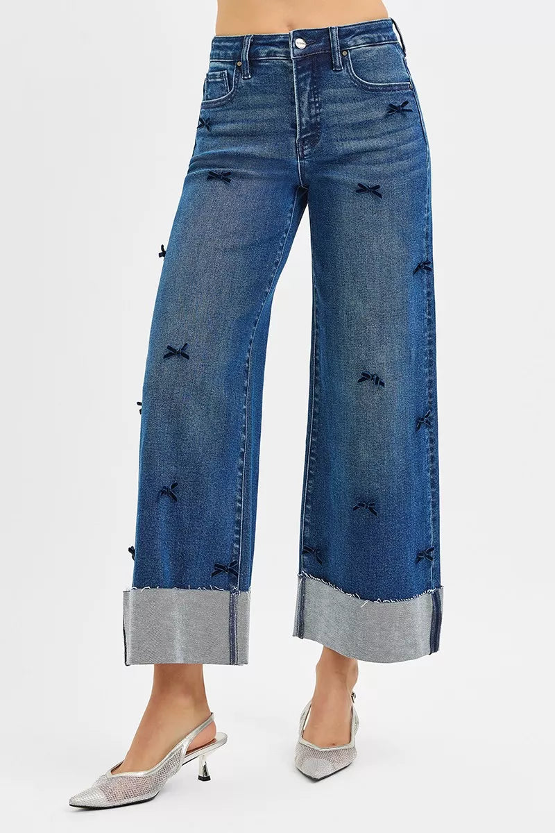 Sarah Express Women’s High Rise Crop Wide Leg Jeans with Ribbon Detail

