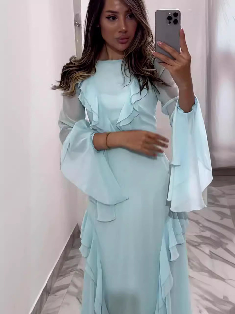 Sarah Express Women's Ruffled Maxi Dress Round Neck Long Sleeve Wedding Party