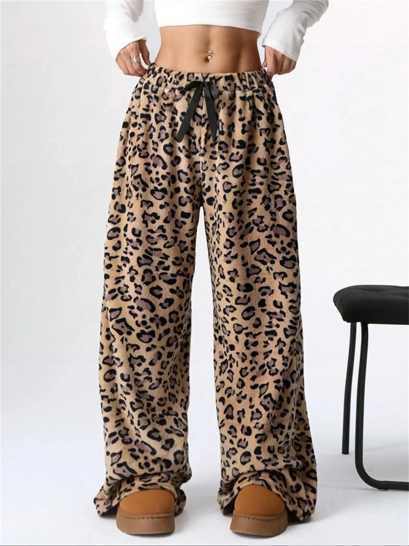 Sarah Express Women's Drawstring Wide Leg Pants Leopard