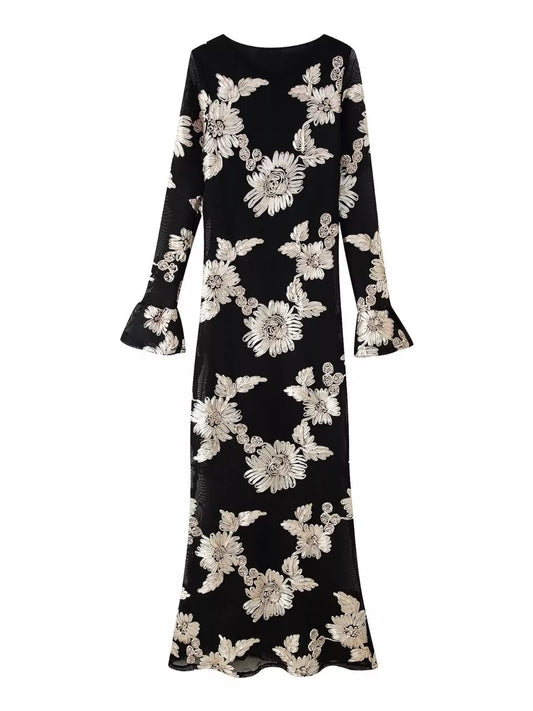 Sarah Express Women's Floral Flounce Sleeve Round Neck Dress Black