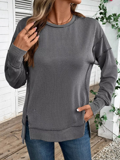 Sarah Express Women's Side Slit Round Neck Sweatshirt