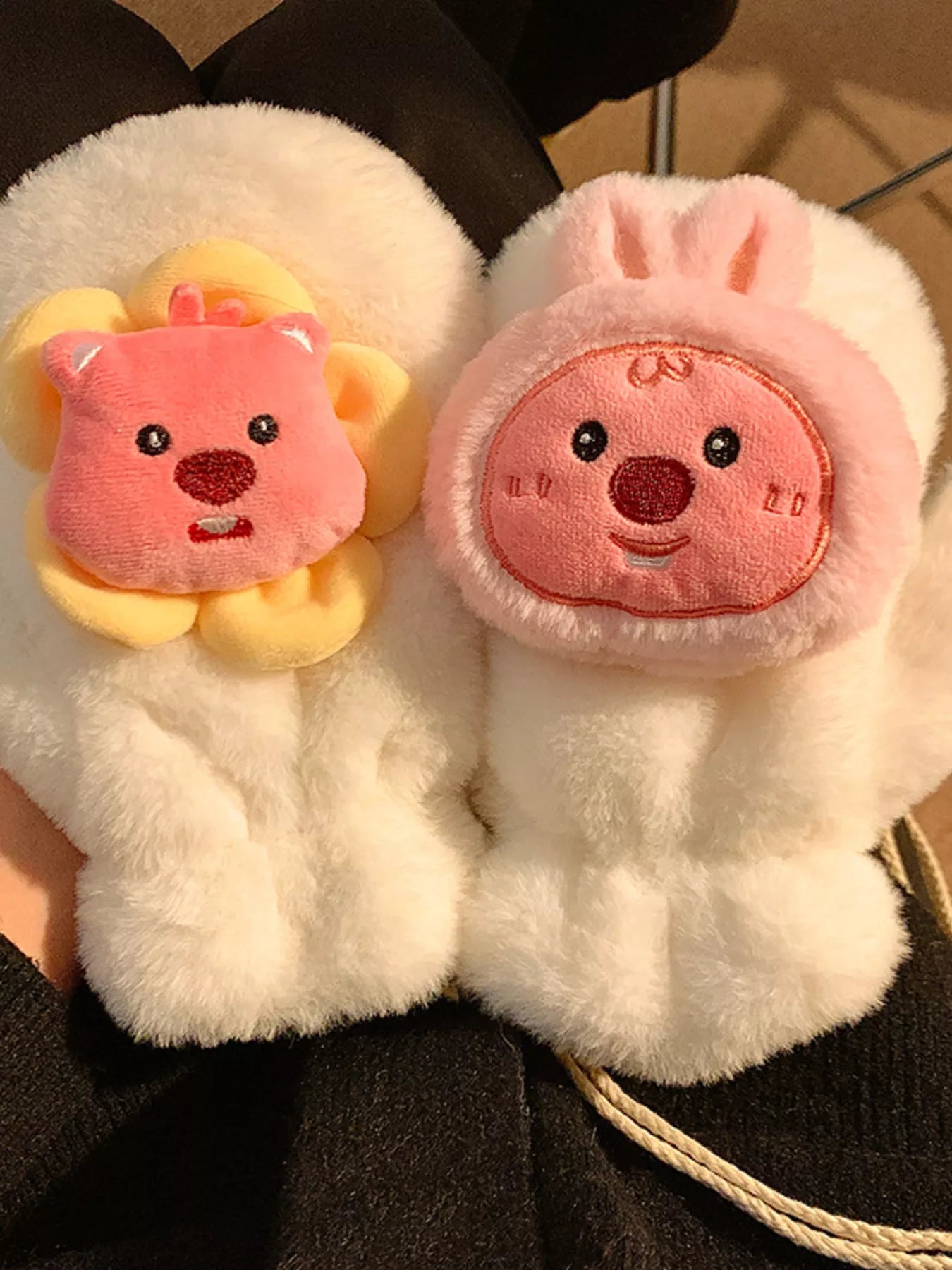 Sarah Express Women's Cartoon Plush Warm Winter Gloves Cream One Size