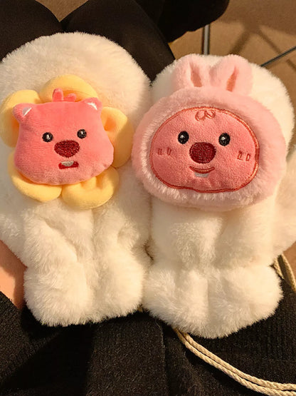 Sarah Express Women's Cartoon Plush Warm Winter Gloves Cream One Size