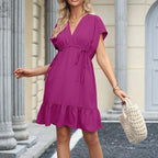 Sarah Express Women's V-Neck Short Sleeve Drawstring Ruffle Babydoll Dress