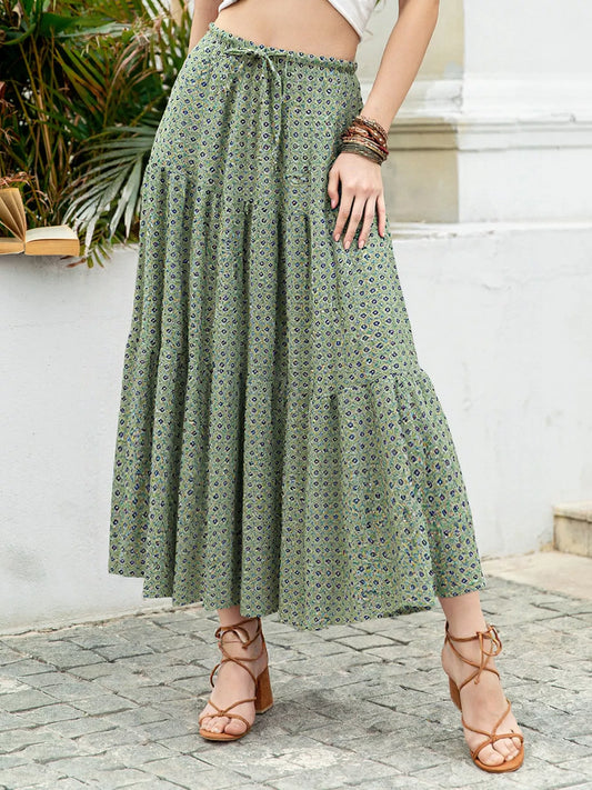 Sarah Express Women's Boho Print Tiered Maxi Skirt Matcha Green