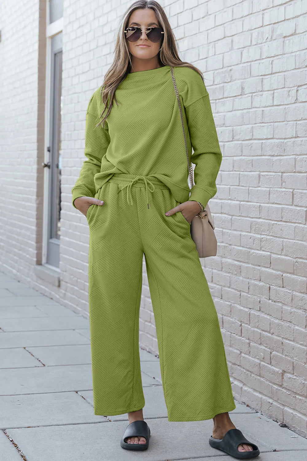 Sarah Express Women's Textured Long Sleeve Top and Drawstring Pants Set Yellow-Green