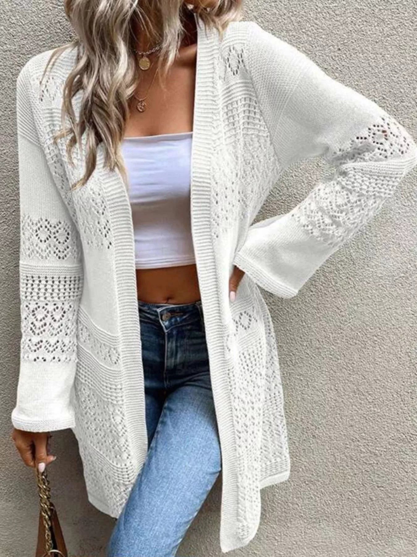 Sarah Express Women's Openwork Open Front Knit Cardigan White One Size