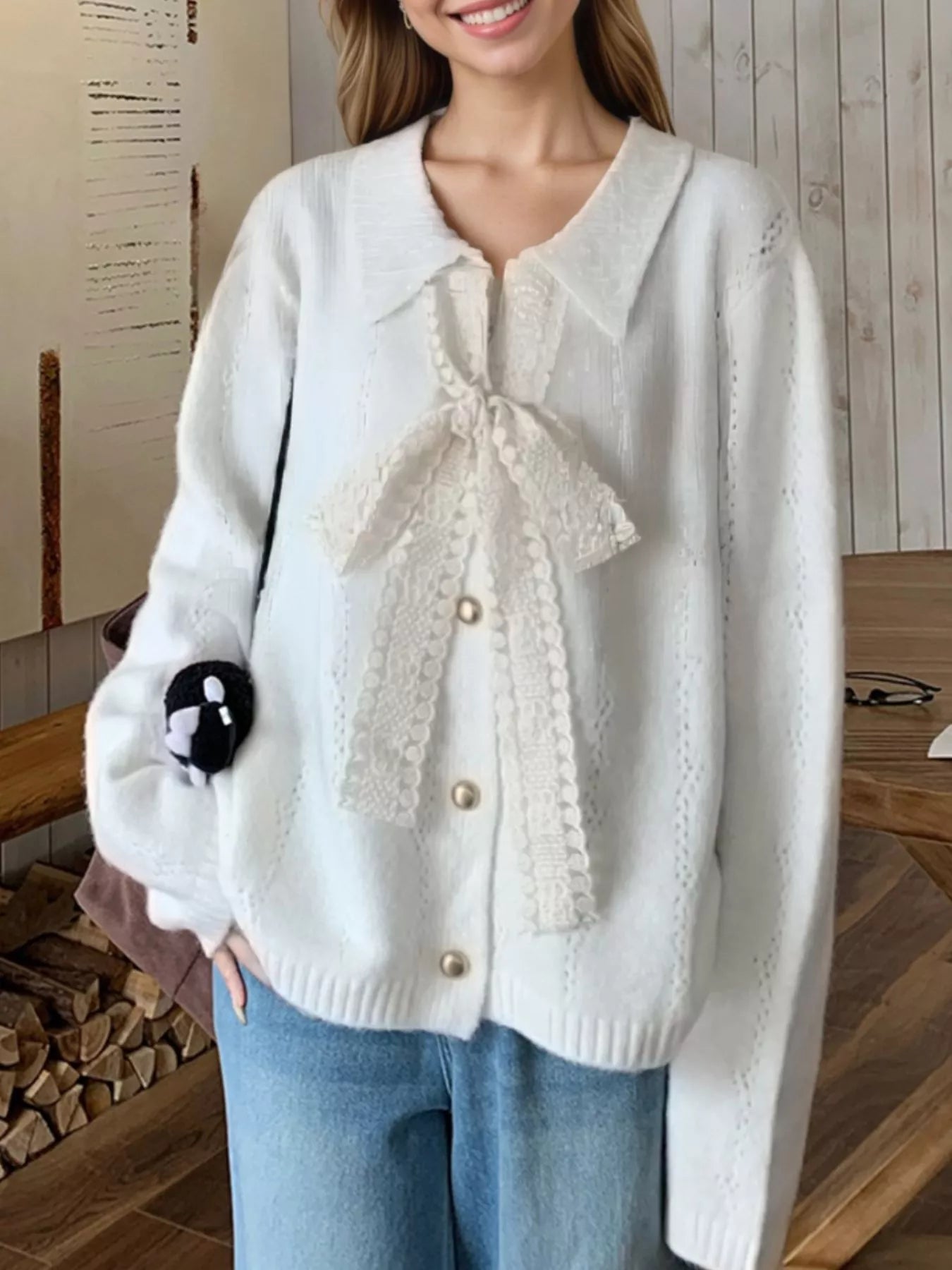 Sarah Express Women's Lace Tie Button Up Cardigan