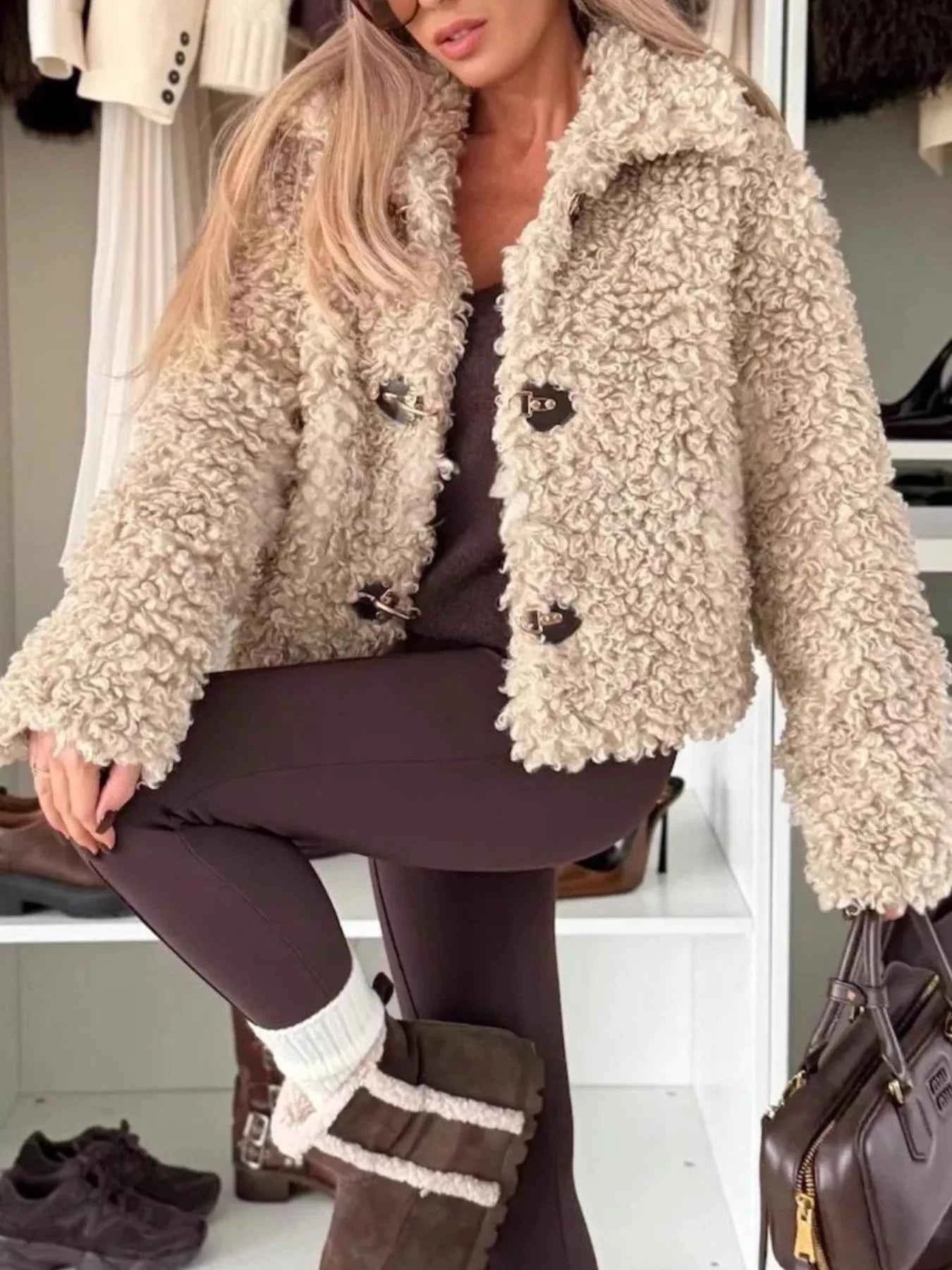 Sarah Express Women's Sherpa Button-Down Jacket - Cozy Fleece Lined Outerwear