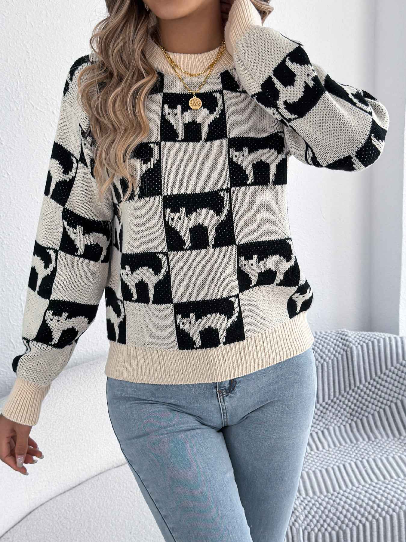 Sarah Express Women's Halloween Plaid Lantern Sleeve Pullover Sweater