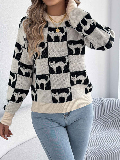 Sarah Express Women's Halloween Plaid Lantern Sleeve Pullover Sweater