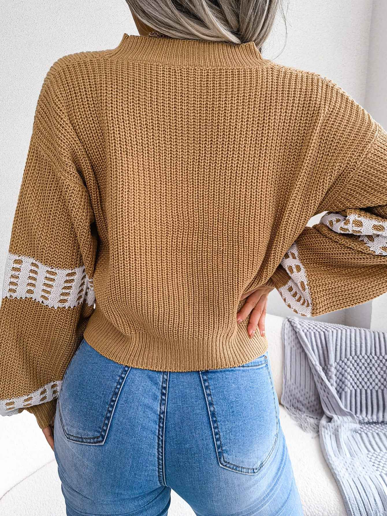 Sarah Express Women's Color Block Lantern Sleeve Cardigan Sweater Coat - Designer Knitwear