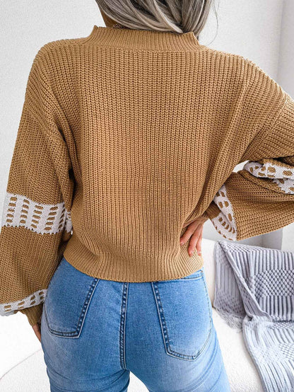 Sarah Express Women's Color Block Lantern Sleeve Cardigan Sweater Coat - Designer Knitwear