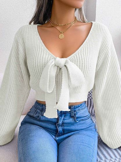 Sarah Express Women's Bow V-Neck Cropped Sweater - Lantern Sleeve Knit Top