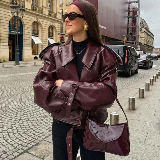 Sarah Express Loose Lapel Leather Jacket Fashion Cropped Tops Streetwear For Womens Clothing