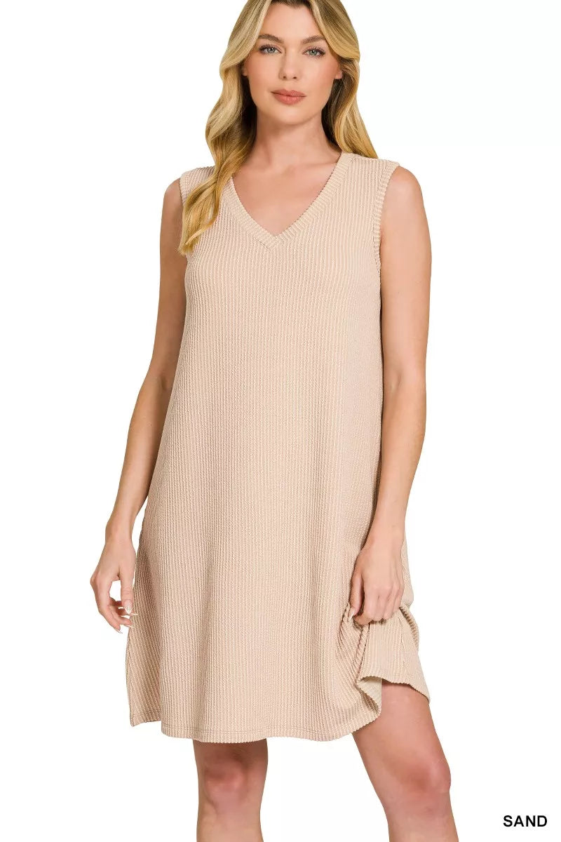 Sarah Express Women's Raised Rib Sleeveless Mini Dress SAND