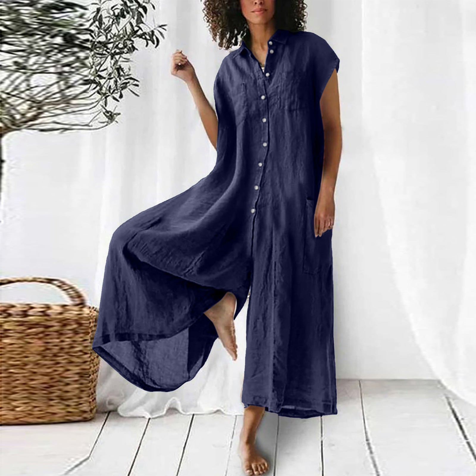 Sarah Express Short Sleeve Mid-Length Linen Jumpsuit Casual