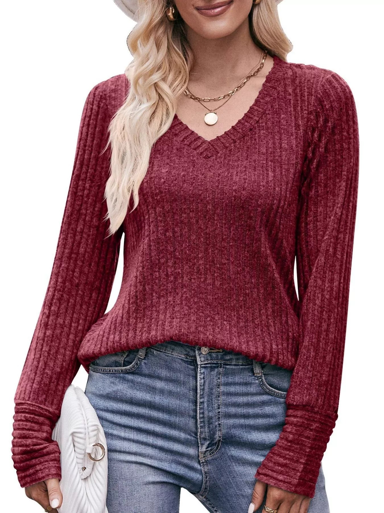 Sarah Express Women's V-Neck Ribbed Knit Long Sleeve T-Shirt Burgundy