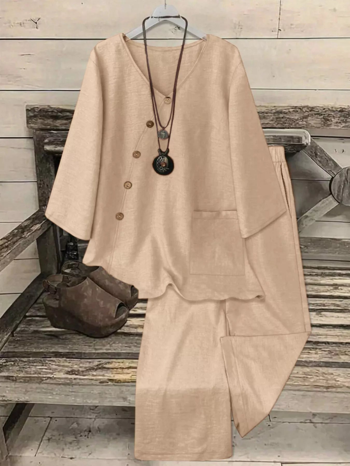 Sarah Express Women's Plus Size V-Neck Long Sleeve Top and Pants Set