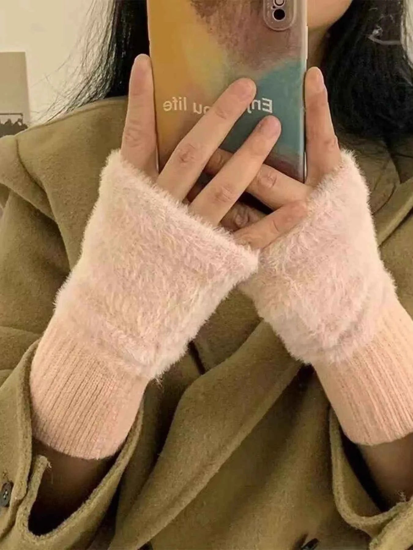 Sarah Express Women's Fuzzy Cuff Fingerless Gloves - Warm Winter Knit Mittens Blush Pink ONESIZE