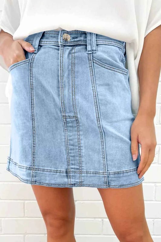 Sarah Express Women's A-Line Denim Mini Skirt with Pockets - Exposed Seam Detail Light Blue