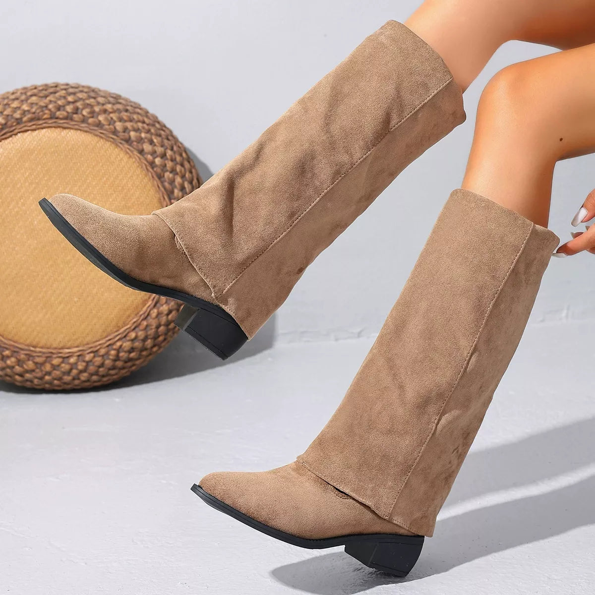 Sarah Express Women's Point Toe Block Heel Boots Khaki