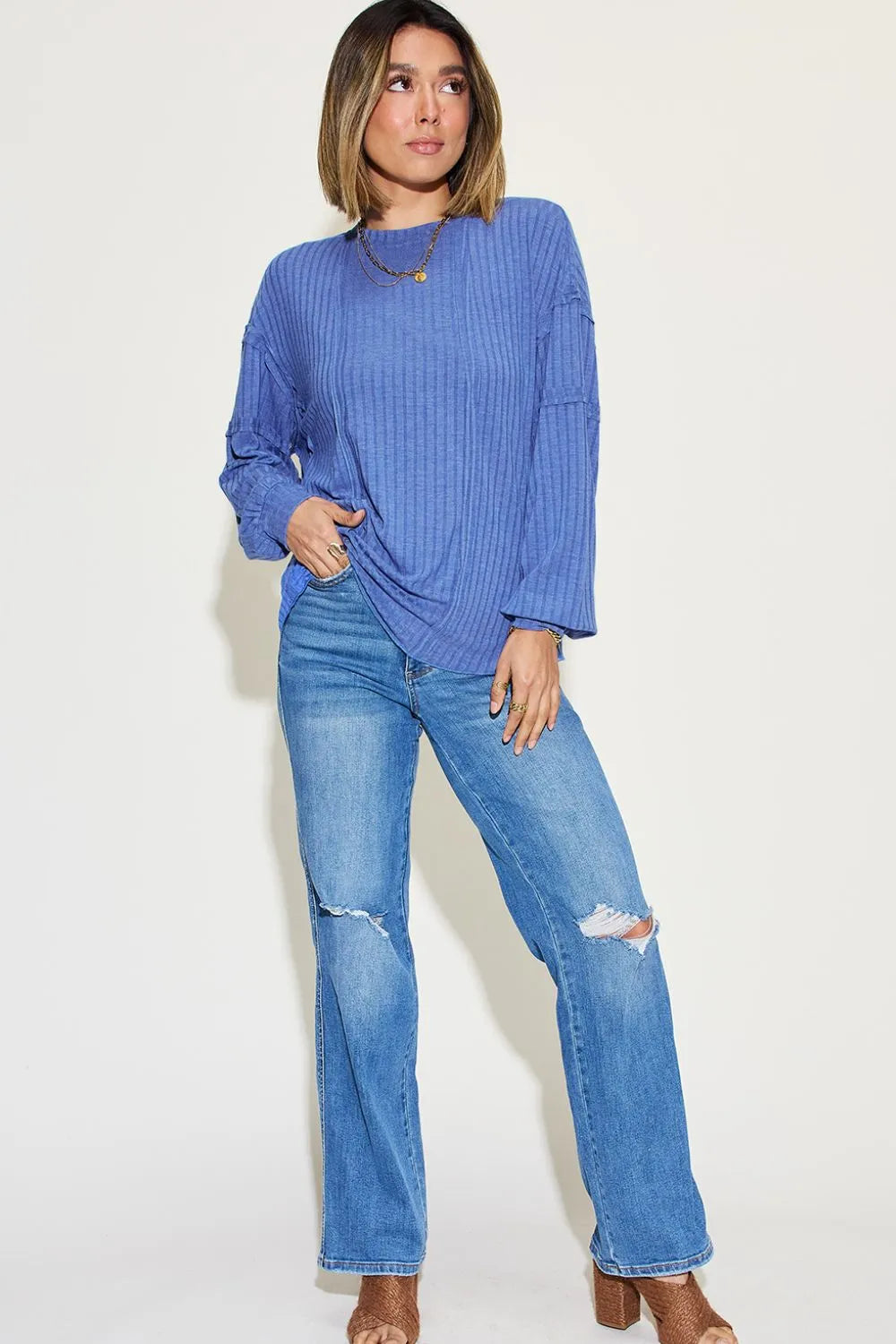 Sarah Express Women’s Plus Size Ribbed Long Sleeve T-Shirt with Exposed Seam
