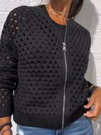 Sarah Express Women's Full Size Zip Up Long Sleeve Cardigan with Eyelet Detail Plus Size