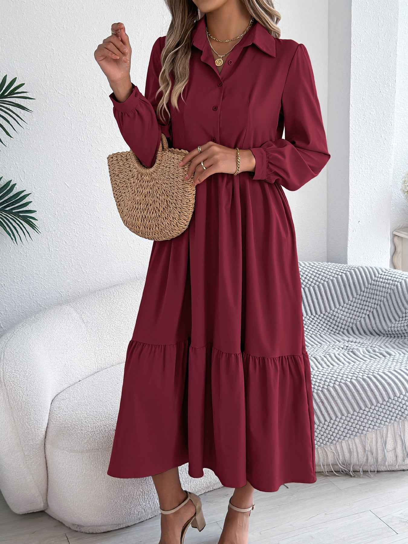 Sarah Express Women's Lapel Ruffled Shirt Dress - Long Sleeve Casual Blouse Dress