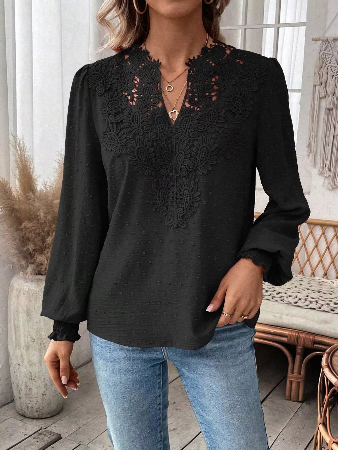 Sarah Express Women's Lace Trim Long Sleeve Blouse
