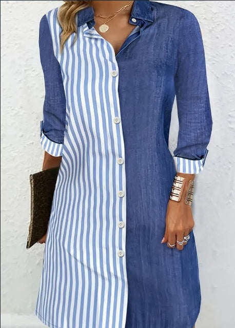 Sarah Express Striped Color Block Shirt Dress Long Sleeve