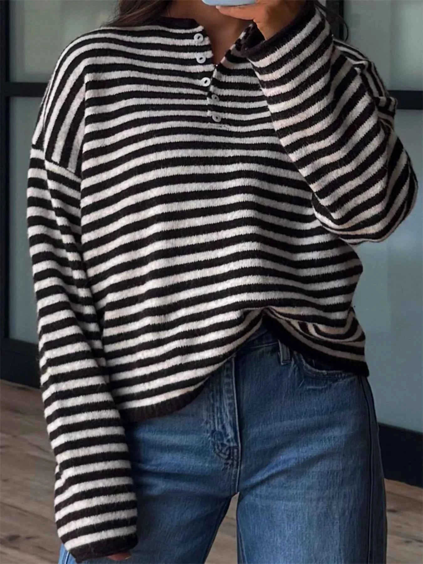 Sarah Express Women's Striped Button Detail Sweater - Dropped Shoulder Knit Top