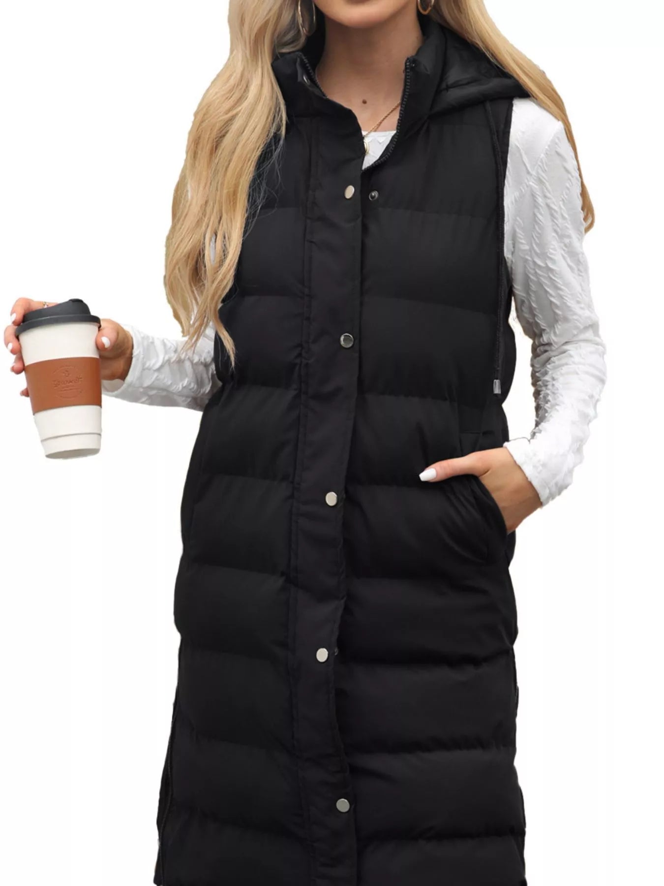 Sarah Express Women's Snap Down Hooded Padded Longline Vest Coat Black
