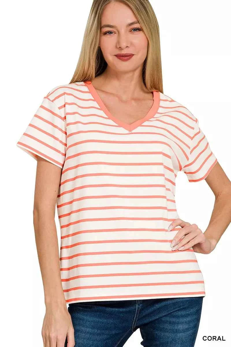 Sarah Express Women's Striped V-Neck T-Shirt - Coral White Short Sleeve Cotton Blend Top CORAL