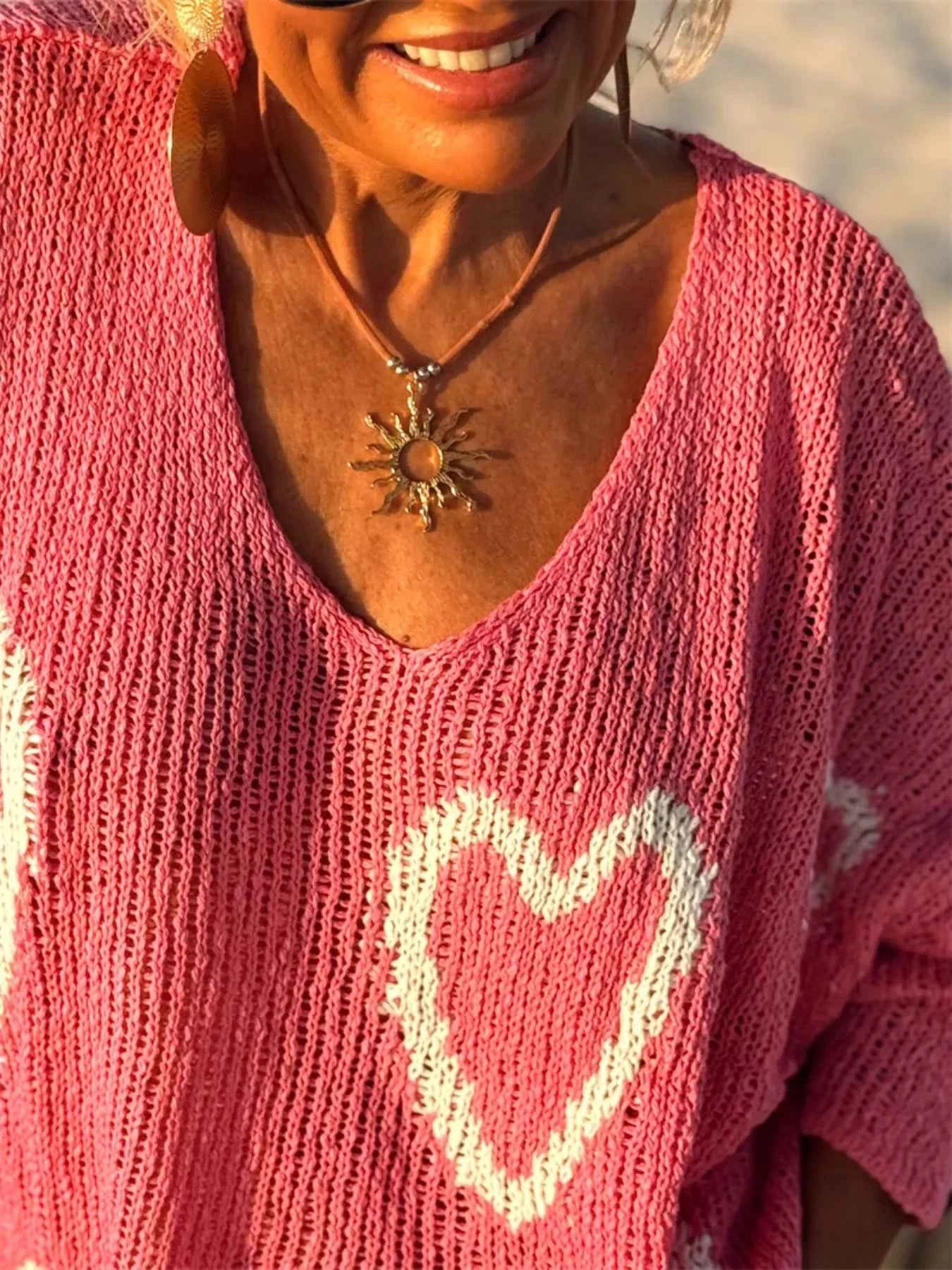 Sarah Express Women's Heart Pattern V-Neck Sweater Dropped Shoulder Openwork Knit