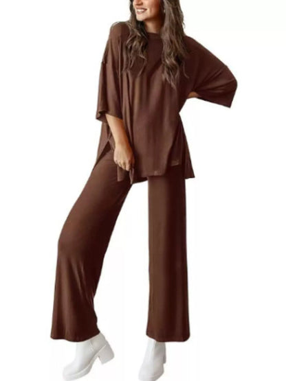 Sarah Express Relaxed Fit Round Neck Top and Pants Two-Piece Lounge Set Coffee