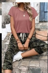 Sarah Express Solid Round Neck T-Shirt and Leopard Print Pants Two-Piece Set