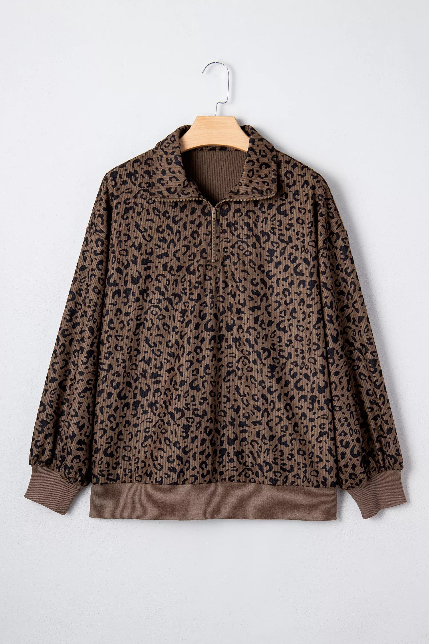 Sarah Express Women's Leopard Print Quarter Zip Corduroy Sweatshirt