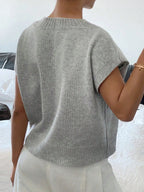 Sarah Express Women's Ribbed Hem V-Neck Short Sleeve Cable-Knit Sweater