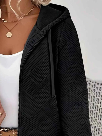 Sarah Express Women's Textured Zip-Up Hooded Jacket - Drawstring Hoodie