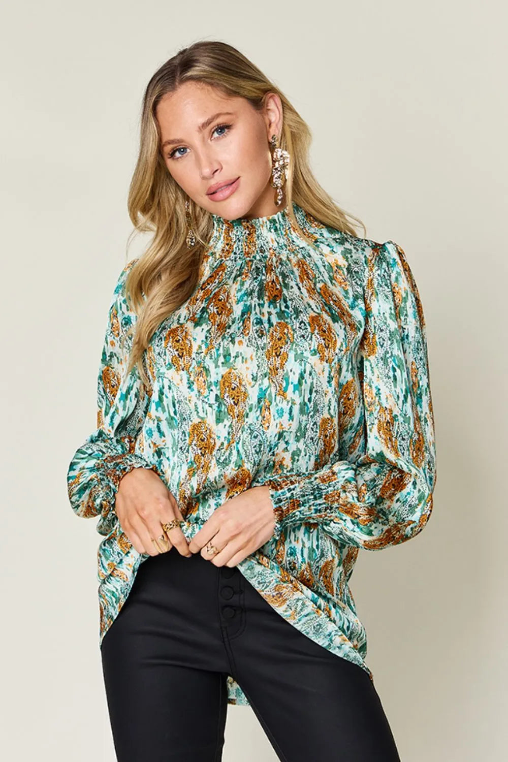 Sarah Express Women's Printed Smocked Long Sleeve Blouse