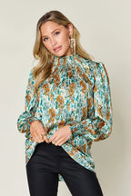 Sarah Express Women's Printed Smocked Long Sleeve Blouse