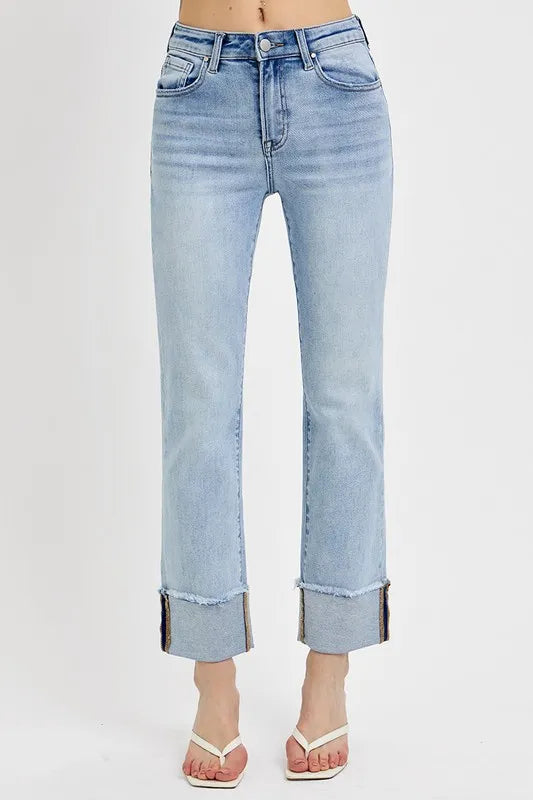 Sarah Express Women’s High Rise Relaxed Straight Jeans with Cuff

