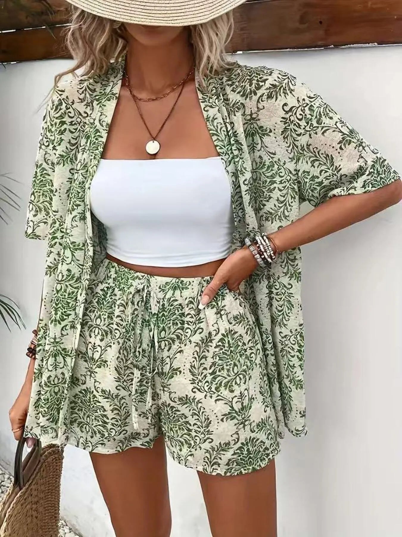 Sarah Express Women's Printed Open Front Cardigan and Shorts Set Matcha Green