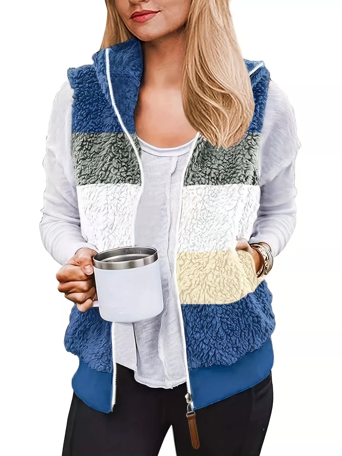 Trendsi Women's Color Block Zip Up Vest Coat Blue